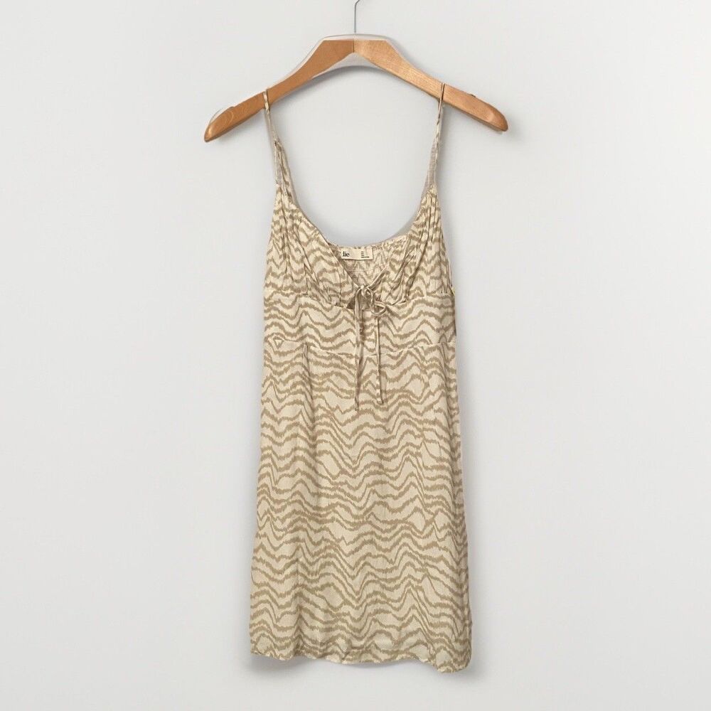 NWT Elodie Sage Green Abstract Zebra Print Babydoll Tie Keyhole Mini Dress Large